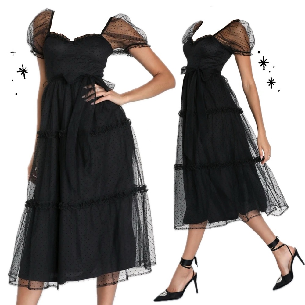 Lulus Black Swiss Dot Puff Sleeve Midi Dress